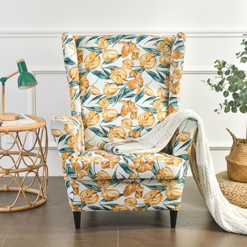 2 Piece Wingback Chair Covers with Flower Design