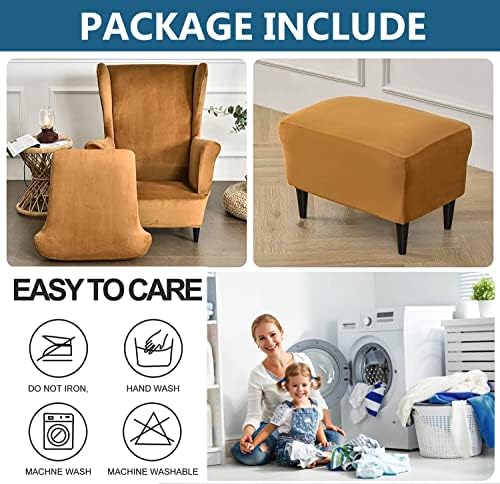 Velvet Wingback Chair Slipcover Set with Footstool Cover