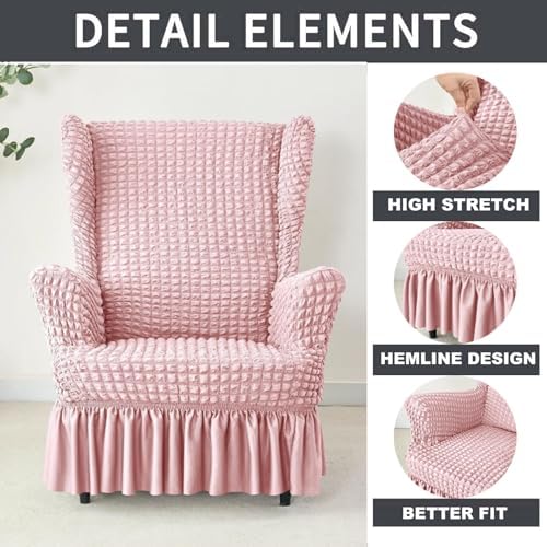 Stretch Seersucker Wingback Chair Slipcover Set with Ottoman Cover