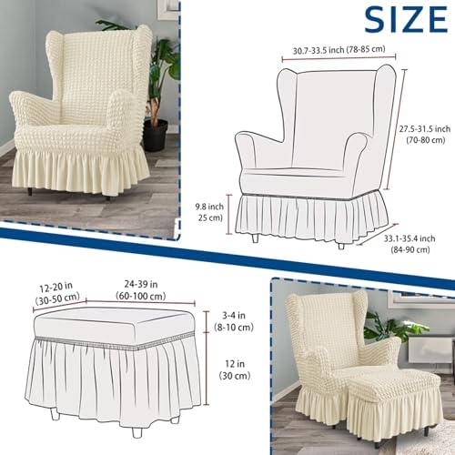 Stretch Seersucker Wingback Chair Slipcover Set with Ottoman Cover Beige