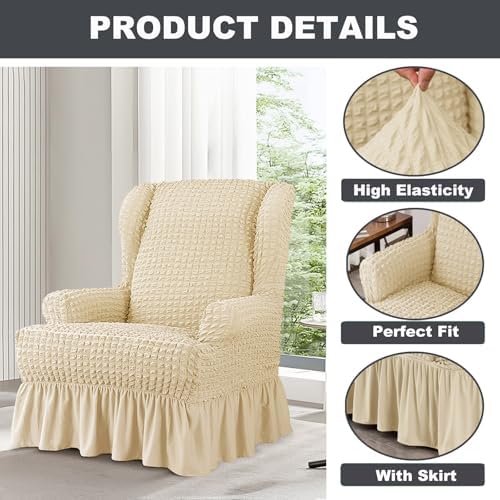 1 Piece Seersucker Stretch Wingback Chair Slipcover with Skirt
