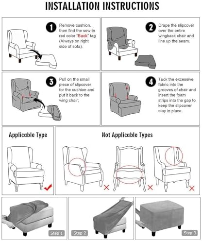 Velvet Wingback Chair Covers 2 Piece with Ottoman Pink
