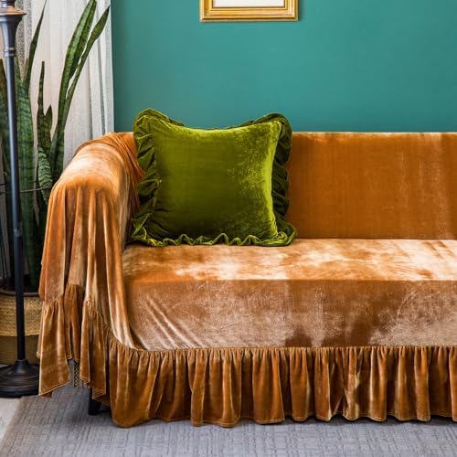Velvet Sofa Cover with Ruffle Trim 71x134IN Golden Camel