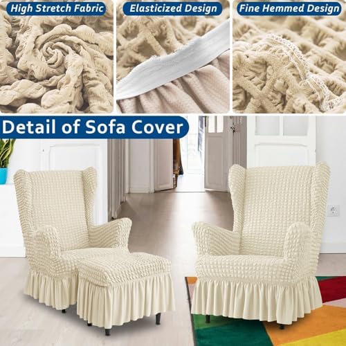 Stretch Seersucker Wingback Chair Slipcover Set with Ottoman Cover Beige
