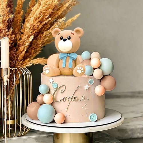 LaVenty Blue Bear Cake Decoration with Blue Gold Balls