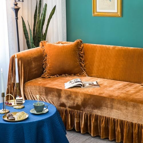 Velvet Sofa Cover with Ruffle Trim 71x134IN Golden Camel