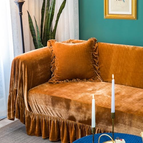 Velvet Sofa Cover with Ruffle Trim 71x134IN Golden Camel