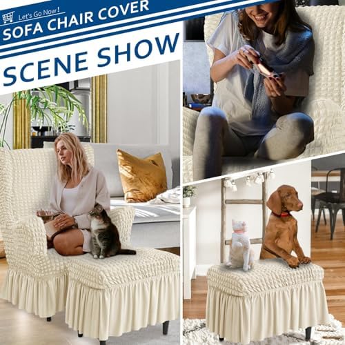 Stretch Seersucker Wingback Chair Slipcover Set with Ottoman Cover Beige