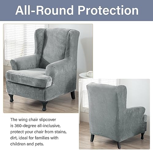 CZL Velvet Plush Wingback Chair Slipcover 2 Piece Set