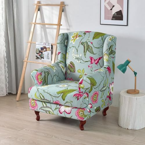 Stretch Wingback Chair Covers Blue Green 2 Piece Spandex