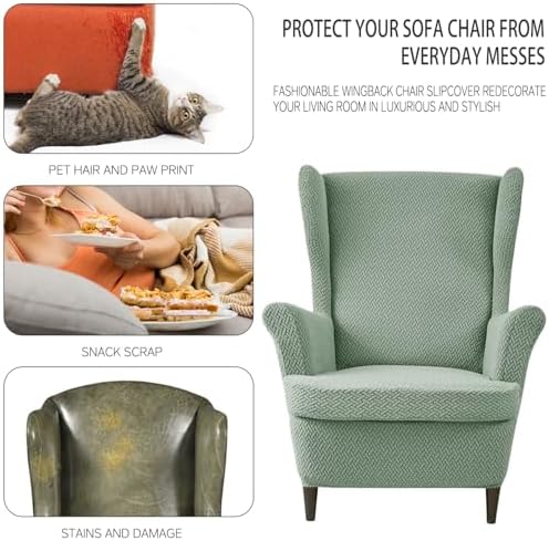 Wingback Chair Cover 2 Piece Stretch Jacquard with Elastic Bottom Matcha Green