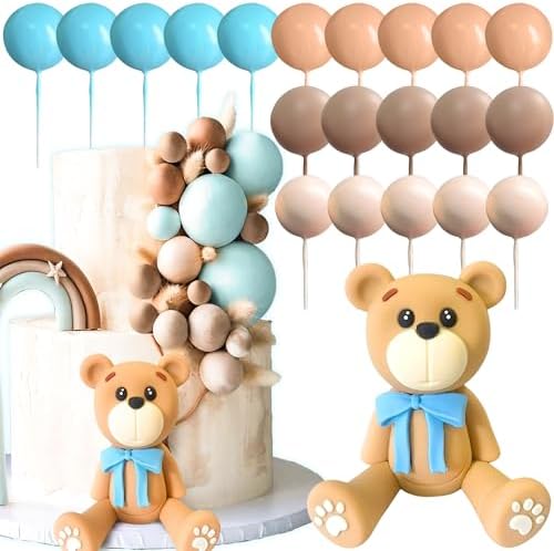 LaVenty Blue Bear Cake Decoration with Blue Gold Balls