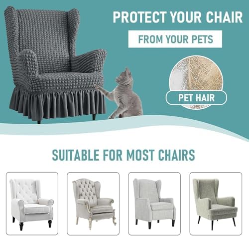 Stretch Seersucker Wingback Chair Slipcover Set with Ottoman and Skirt