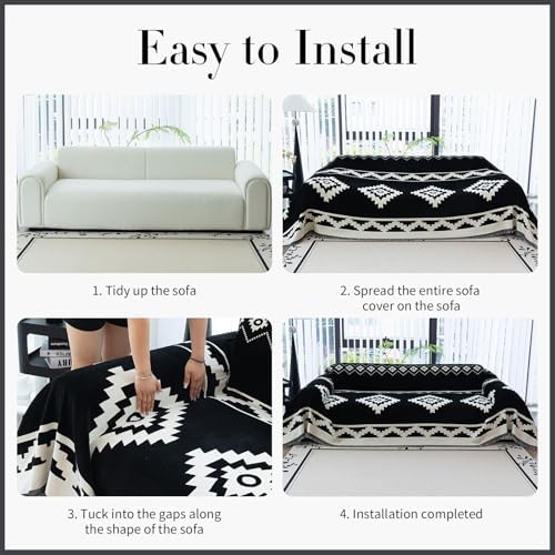Boho Sofa Cover Chenille Slipcover for Dogs Washable 71x71 Black 1pc