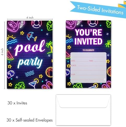30 Pool Birthday Invitations with Envelopes Summer Theme Party