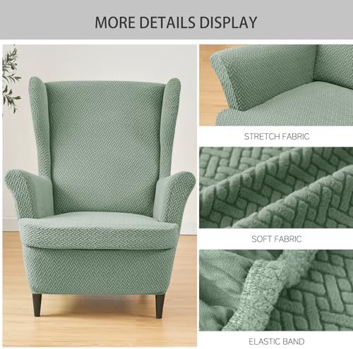 Wingback Chair Cover 2 Piece Stretch Jacquard with Elastic Bottom Matcha Green