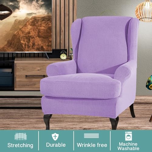 Wing Chair Slipcover 2 Piece Soft Spandex Jacquard Checked Pattern