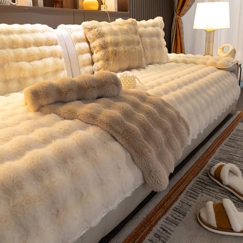 Premium Faux Fur Sofa Cover Soft Plush Non-Slip Washable 28x28 Beige White