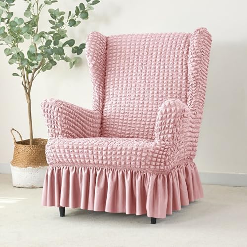 Stretch Seersucker Wingback Chair Slipcover Set with Ottoman Cover