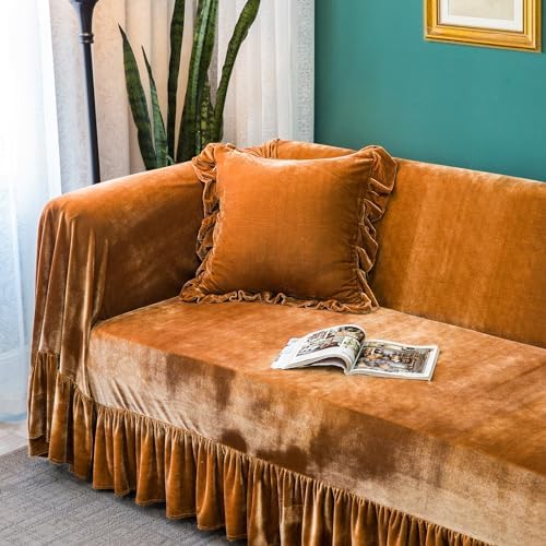 Velvet Sofa Cover with Ruffle Trim 71x134IN Golden Camel