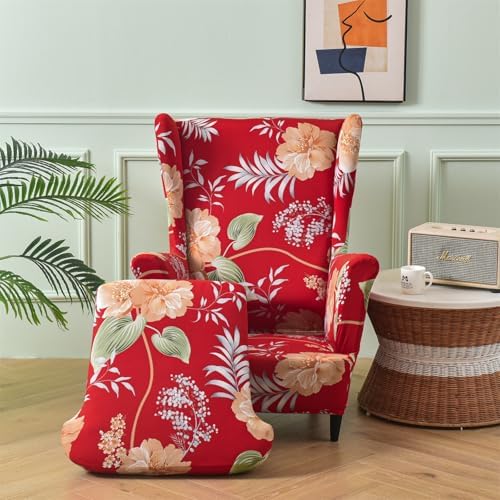 Red Flowers Stretch Wingback Chair Covers 2 Piece
