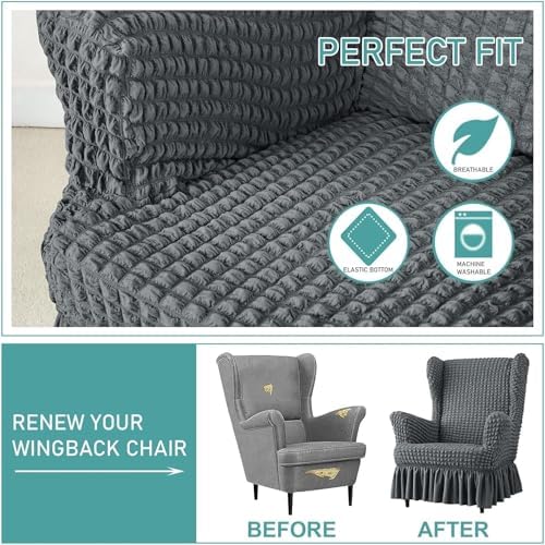 Stretch Seersucker Wingback Chair Slipcover Set with Ottoman and Skirt