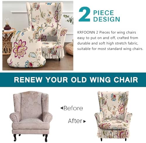 KRFOONN Stretch Wingback Chair Covers 2 Piece with Skirt