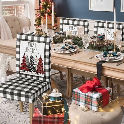Horaldaily 4PCS Christmas Dining Chair Covers with Black Buffalo Plaid Trees