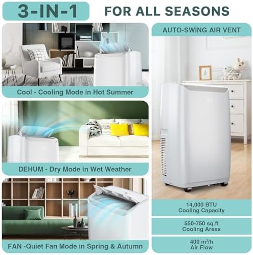 14000 BTU Portable Air Conditioner with Quiet Operation and Remote Control
