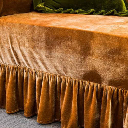 Velvet Sofa Cover with Ruffle Trim 71x134IN Golden Camel
