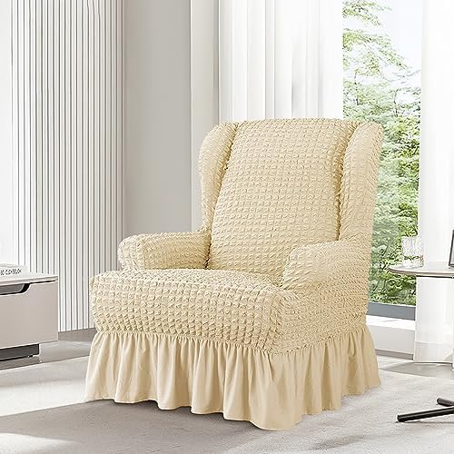 1 Piece Seersucker Stretch Wingback Chair Slipcover with Skirt