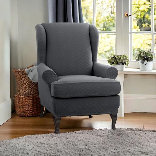 ENOVA HOME Wing Chair Slipcovers 2 Piece Set Grey