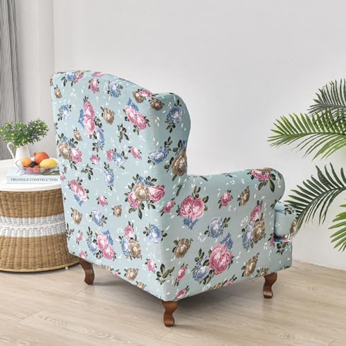 Chickwin Stretch Wingback Chair Slipcover Pink Blue Rose