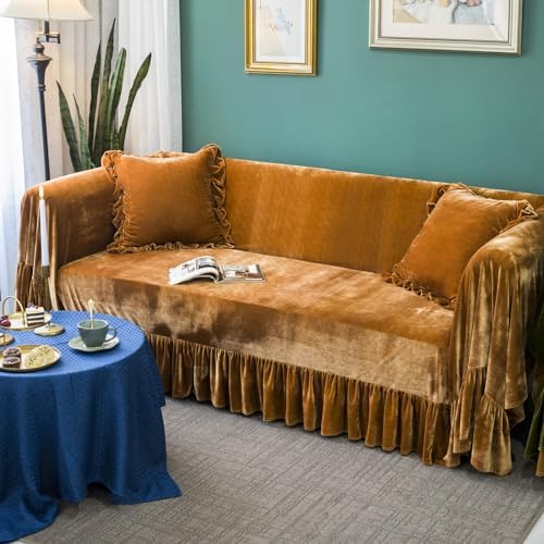 Velvet Sofa Cover with Ruffle Trim 71x134IN Golden Camel