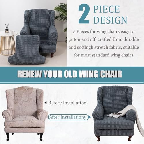 Wingback Chair Cover Slipcovers 2 Piece - Stretch Fit with Spandex