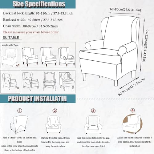Wingback Chair Cover Slipcovers 2 Piece - Stretch Fit with Spandex