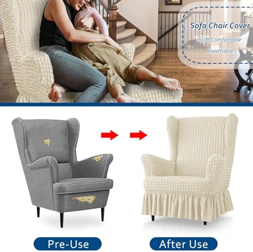 Stretch Seersucker Wingback Chair Slipcover Set with Ottoman Cover Beige