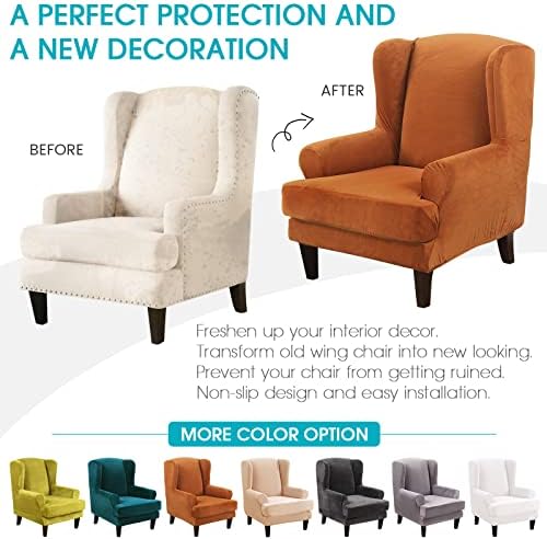TOPCHANCES 2 Piece Wingback Chair Slipcover with Elastic Bottom