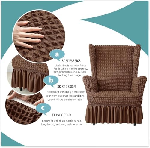 Stretch Seersucker Wingback Chair Slipcover Set with Skirt and Ottoman Cover