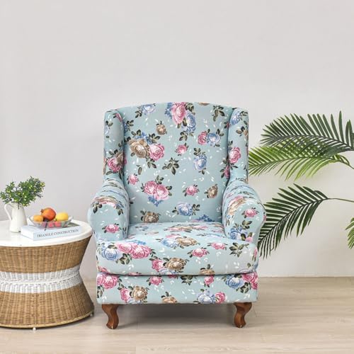 Chickwin Stretch Wingback Chair Slipcover Pink Blue Rose
