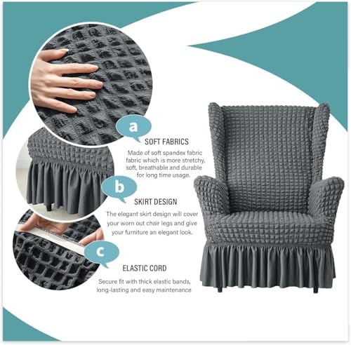 Stretch Seersucker Wingback Chair Slipcover Set with Ottoman and Skirt