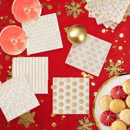 BLUE PANDA 100 Pack White and Gold Cocktail Napkins