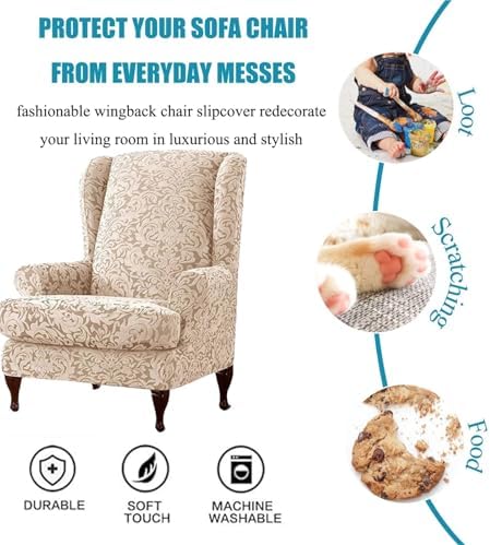 2 Piece Wingback Chair Covers with Arms - Beige