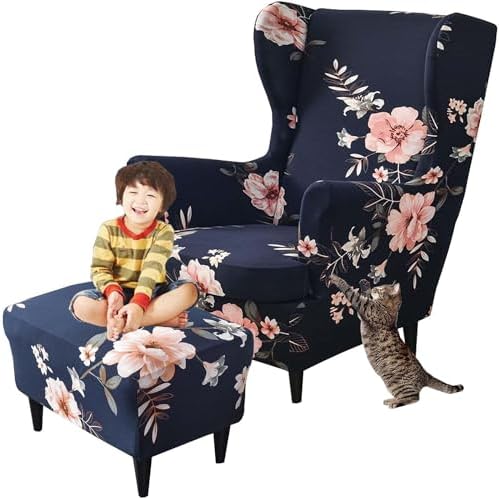 2 Piece Wingback Chair Slipcover with Matching Ottoman Cover