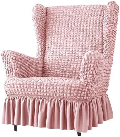 Stretch Seersucker Wingback Chair Slipcover Set with Ottoman Cover