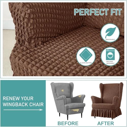 Stretch Seersucker Wingback Chair Slipcover Set with Skirt and Ottoman Cover