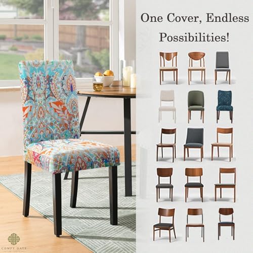 4 Pack Bohemian Dining Chair Covers with Elastic Hem