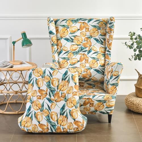 2 Piece Wingback Chair Covers with Flower Design