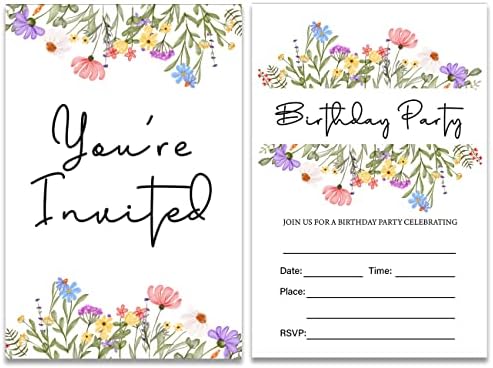 Wildflower Birthday Party Invitations Set of 20 with Envelopes