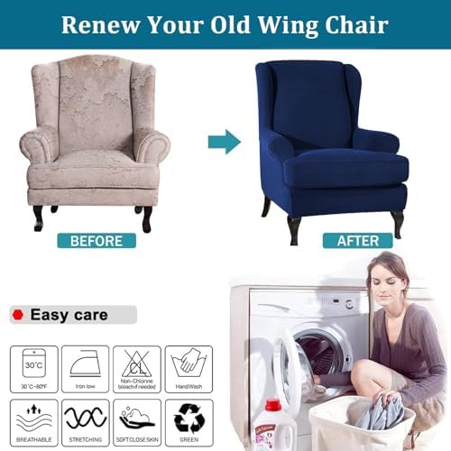 Wing Chair Slipcover 2 Piece Soft Spandex Jacquard Checked Pattern